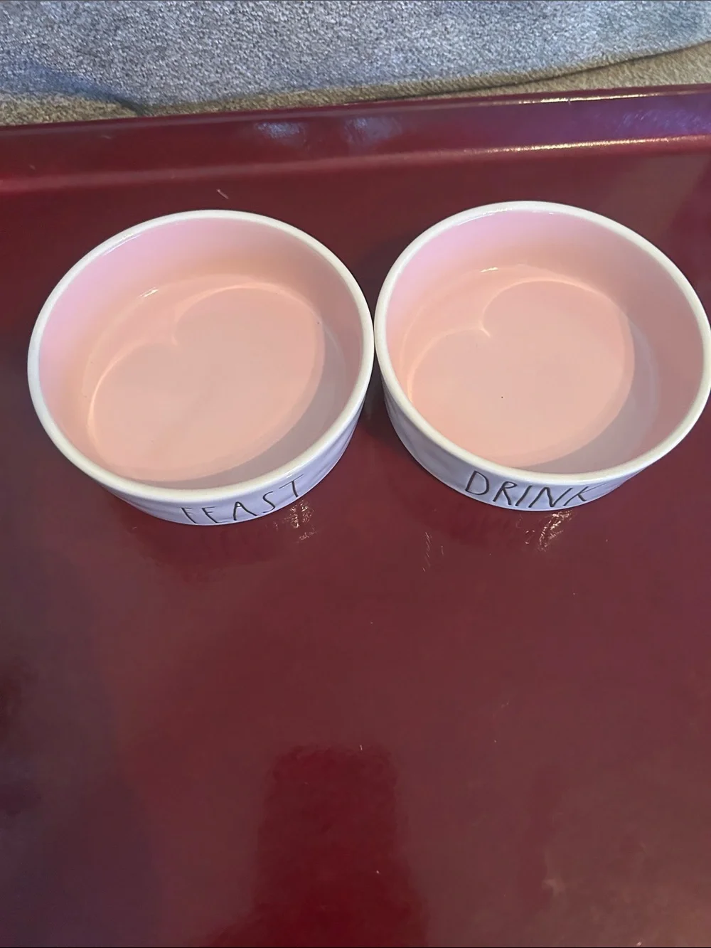 Rae Dunn Ceramic Pet Bowls - White Exterior with Pink Interior set of 2